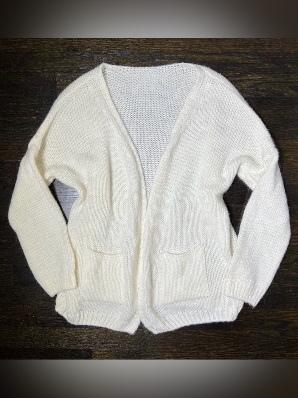 Cream Open Front Knit Mohair Blend Cardigan Sweater
